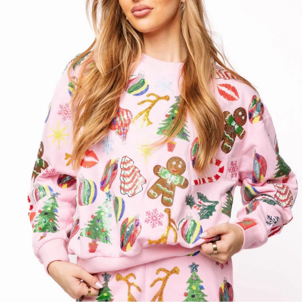 QUEEN OF SPARKLES CHRISTMAS LIGHT PINK ICON SWEATSHIRT